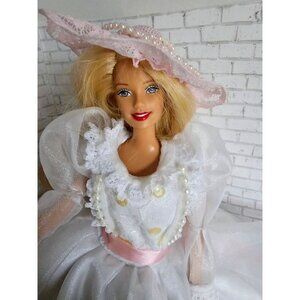 Mommy Made Bride Barbie Doll Handmade Wedding Gown Lace Hat Pearls Spring Dress